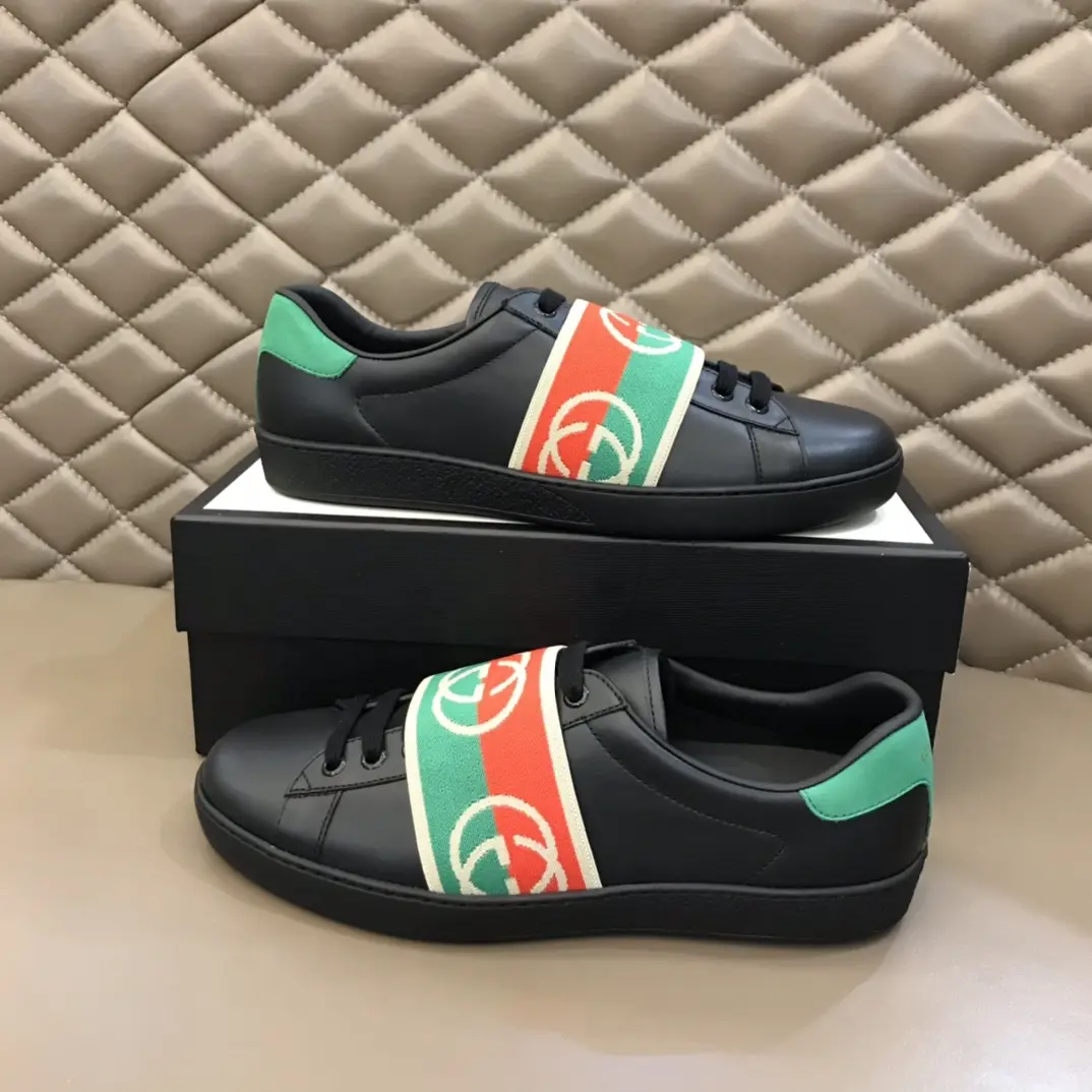 G House  White Sneakers – Black with Green and Red Stripes, Unisex Style, High Quality Rep Shoes with Gucci Replica Design Breathable 840