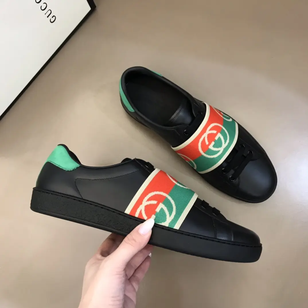 G House  White Sneakers – Black with Green and Red Stripes, Unisex Style, High Quality Rep Shoes with Gucci Replica Design Breathable 840