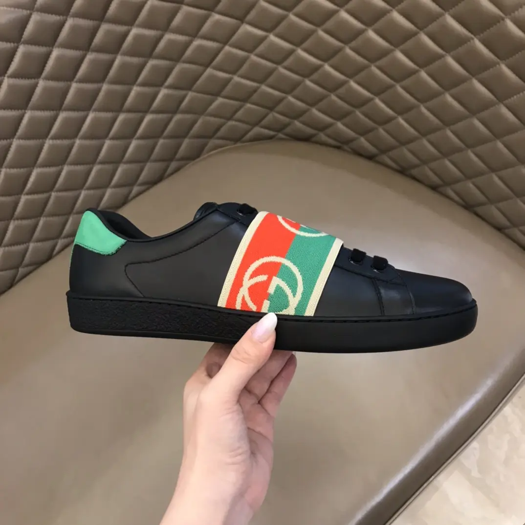 G House  White Sneakers – Black with Green and Red Stripes, Unisex Style, High Quality Rep Shoes with Gucci Replica Design Breathable 840