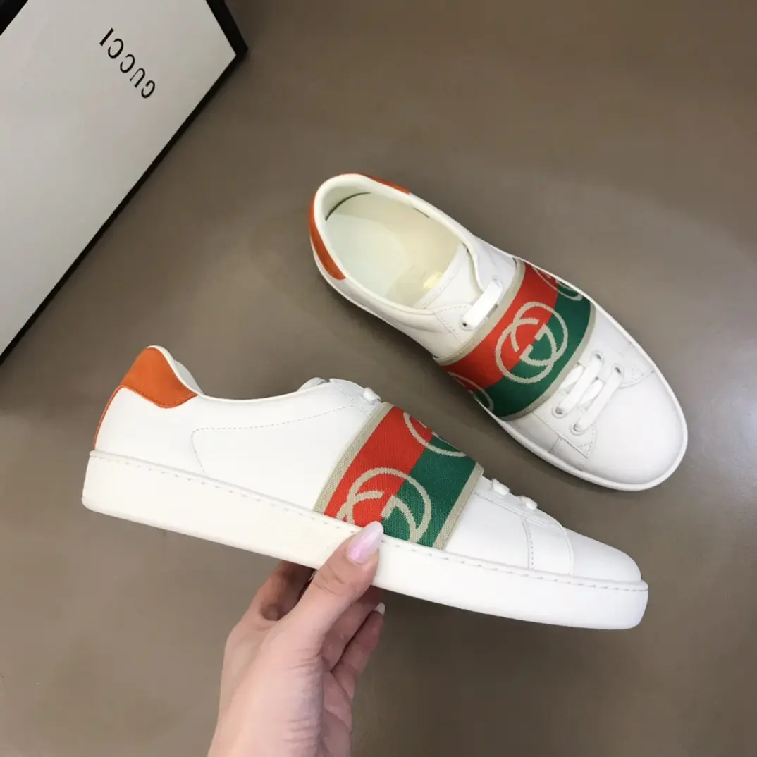 Original G House  White Sneakers – Red, Green & White Striped Design – Unisex High Quality Replica Shoes with Gucci-Inspired Look 851