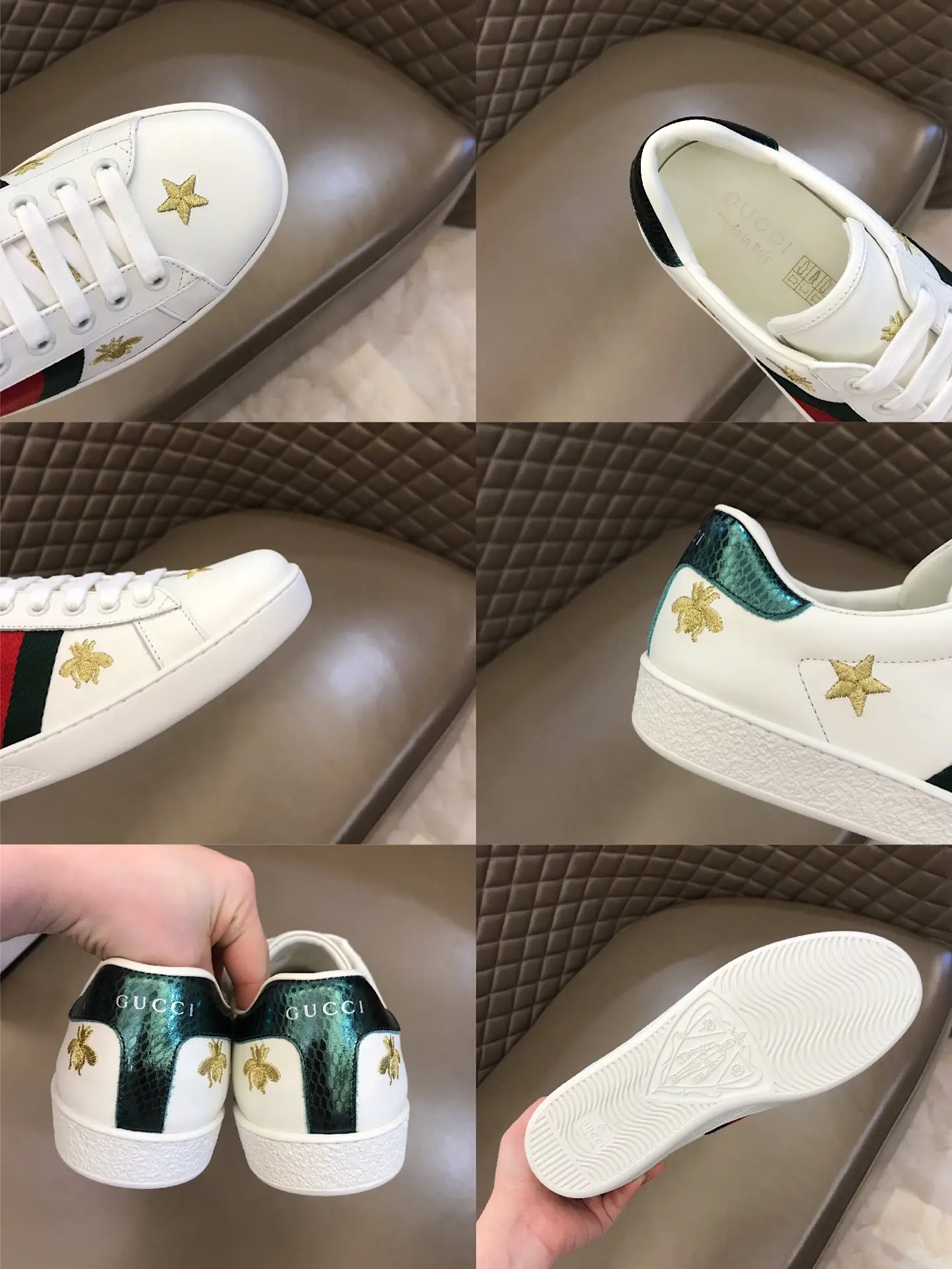 G House  White Sneakers with Gold Stars – Low Top Style High Quality Rep Shoes with Gucci Replica Design Popular 862