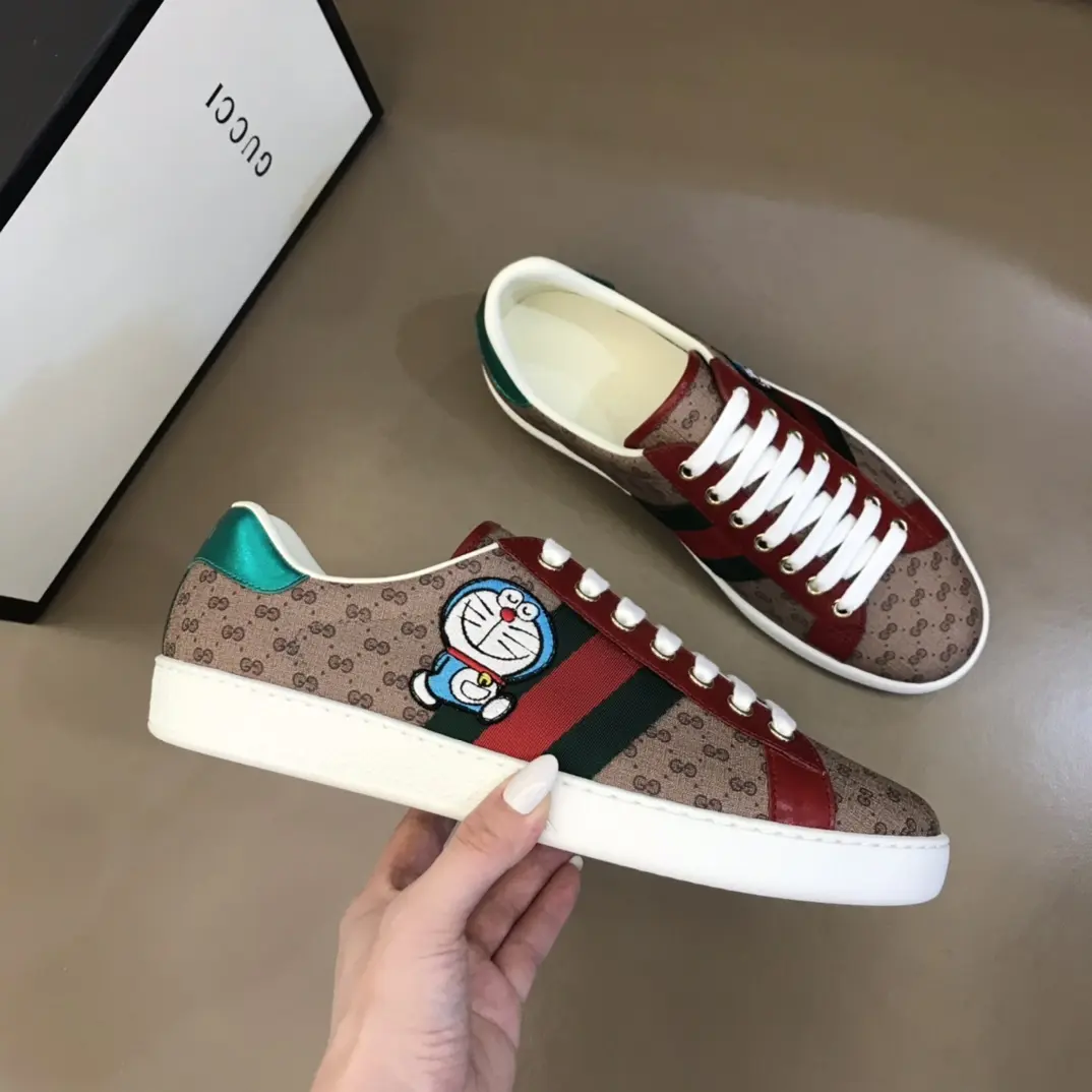 Vibrant G House x Doraemon  White Sneakers – Red and Beige GG Supreme Canvas Ace Style with High Quality Replica Design 848