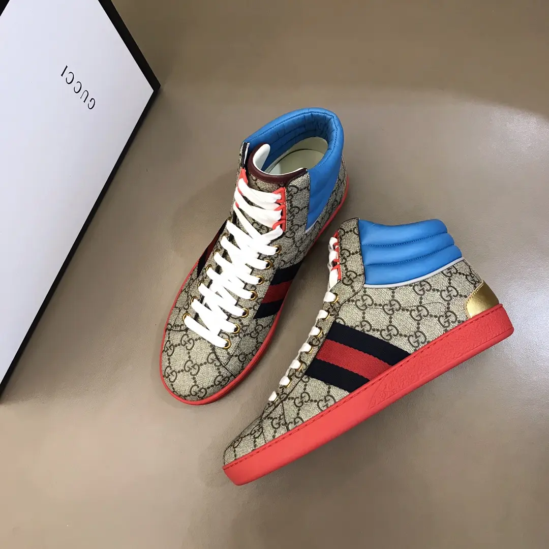 GUCCI Men’s Ace High-Top Sneakers – Beige Blue Red – Fall Winter Collection with High Quality Replica Design FreshLook 831
