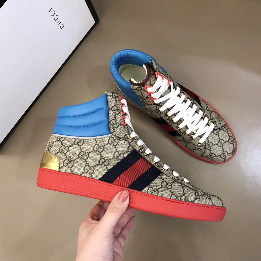 GUCCI Men’s Ace High-Top Sneakers – Beige Blue Red – Fall Winter Collection with High Quality Replica Design FreshLook 831