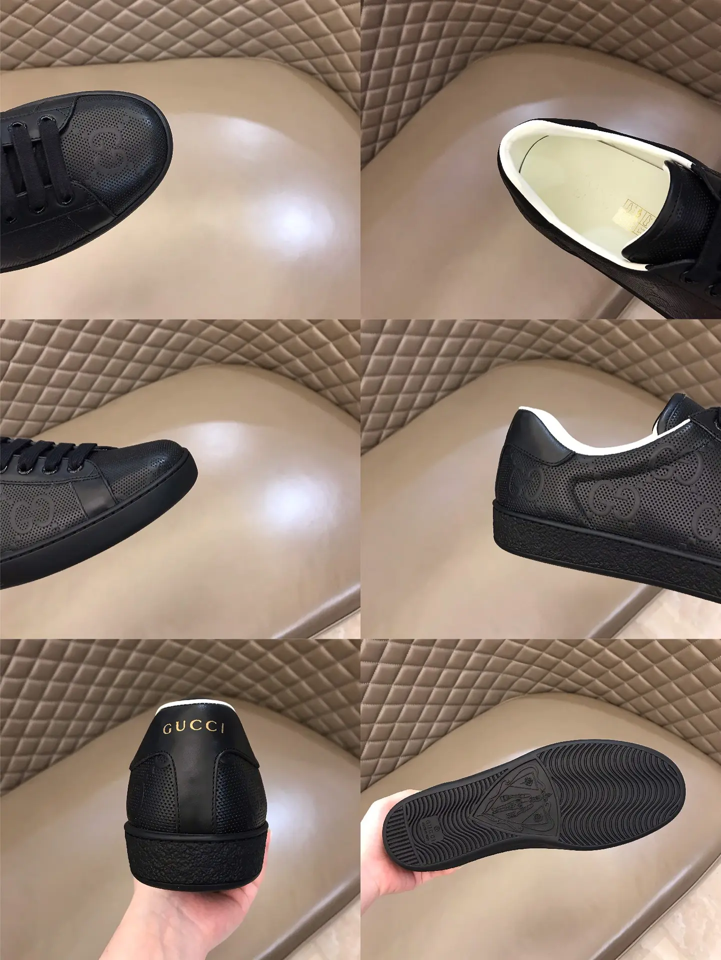 DailyWear Gucci Ace GG Pattern Black Leather Sneakers for Men and Women – High Quality Replica Shoes with Gucci Replica Design 864