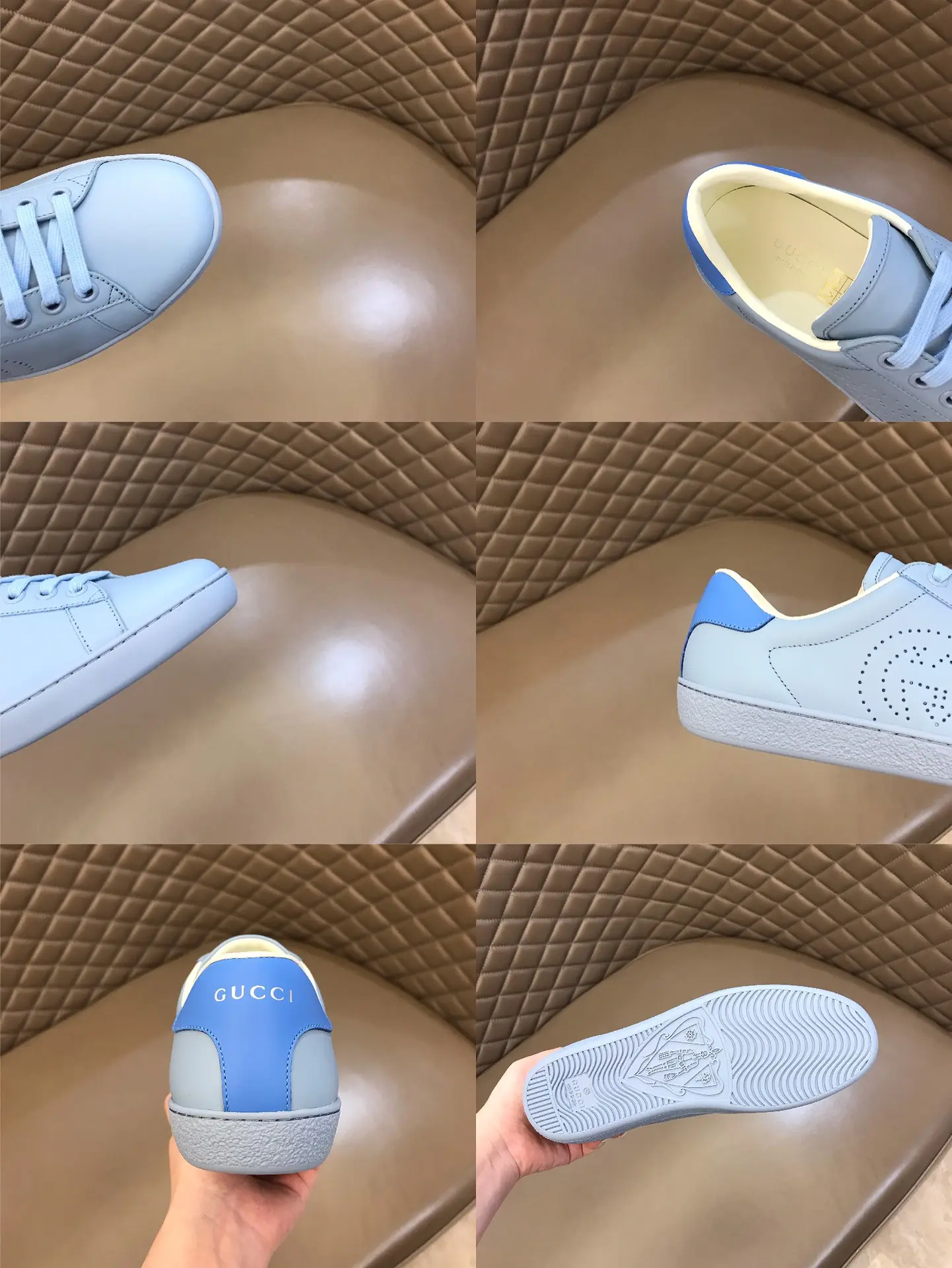WeatherProof Gucci  Low-Top Sneakers – Light Blue, Authentic Italian Leather, Unisex Style with High Quality Gucci Replica Design 859