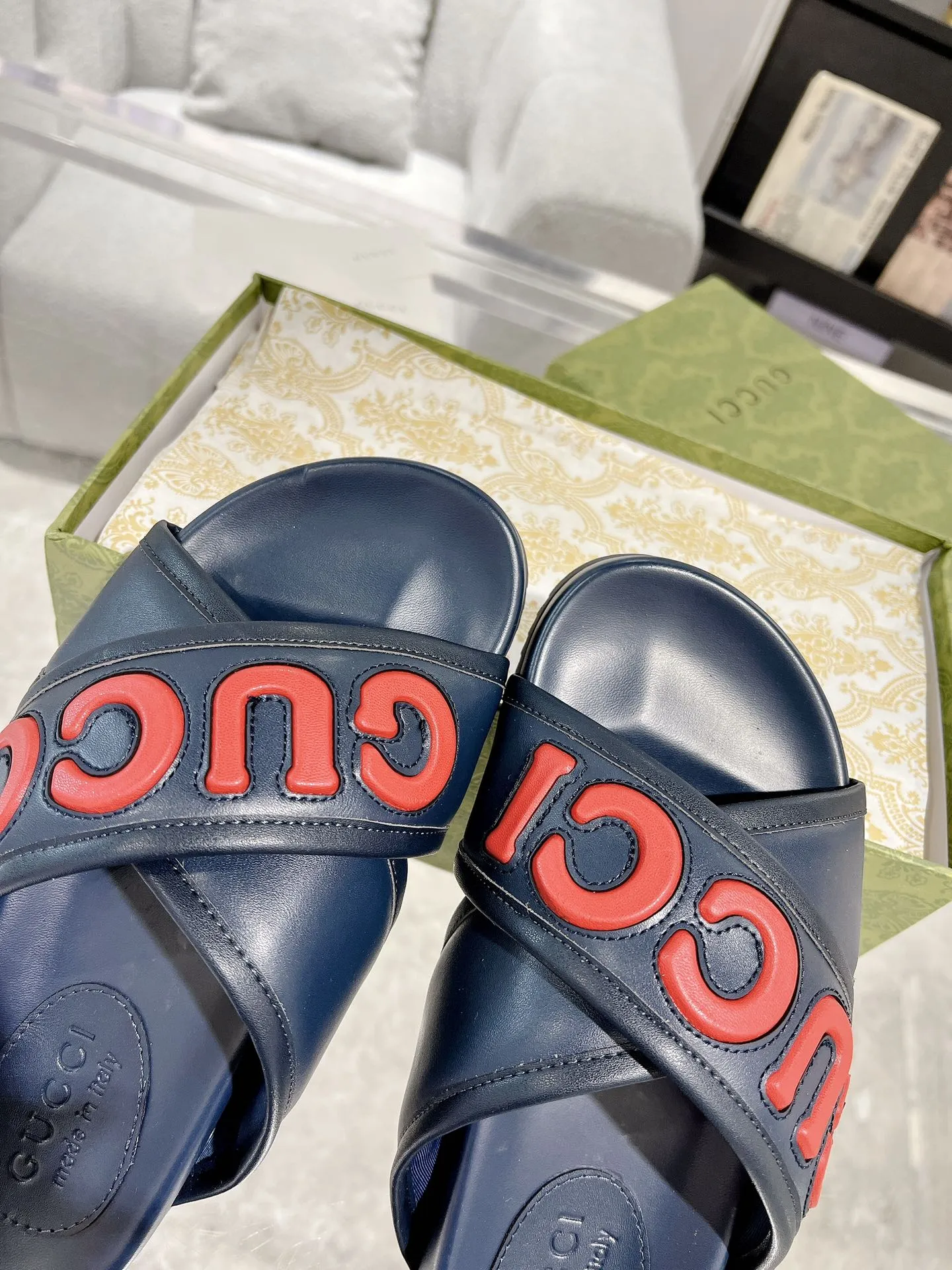 NewStyle Gucci Couple Slide Sandals, Blue Red –  Rep Shoes & Replica Footwear 940