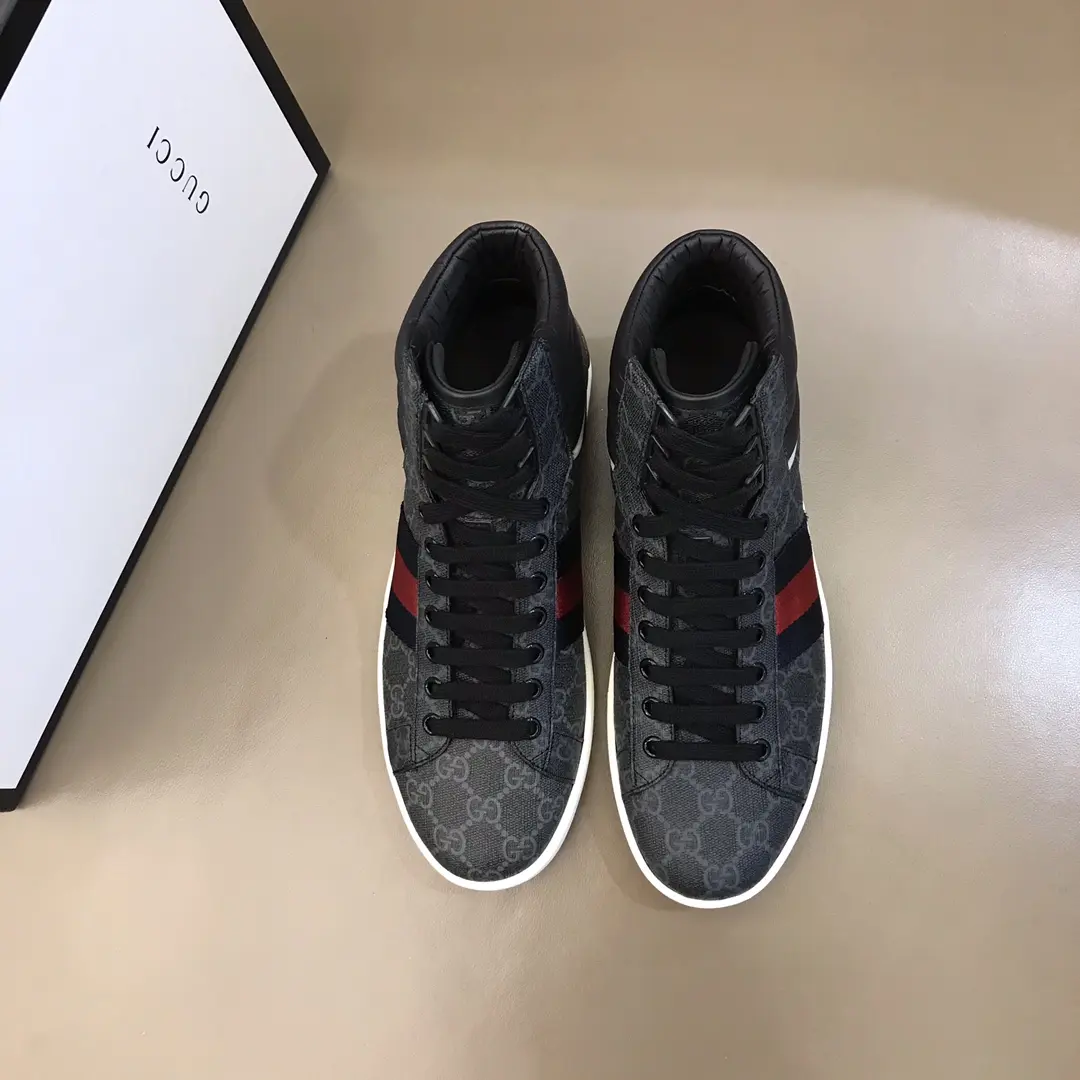 Gucci Men’s Ace High-Top Sneakers – Gray GG Supreme Canvas with Stripes, Fall Winter Collection, High Quality Replica Shoes, Gucci Replica Affordable 843