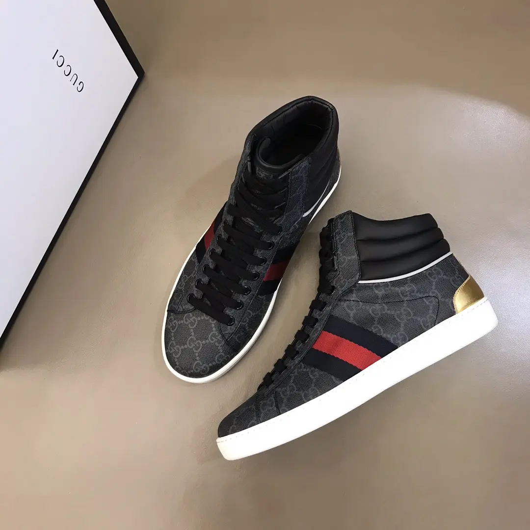 Gucci Men’s Ace High-Top Sneakers – Gray GG Supreme Canvas with Stripes, Fall Winter Collection, High Quality Replica Shoes, Gucci Replica Affordable 843