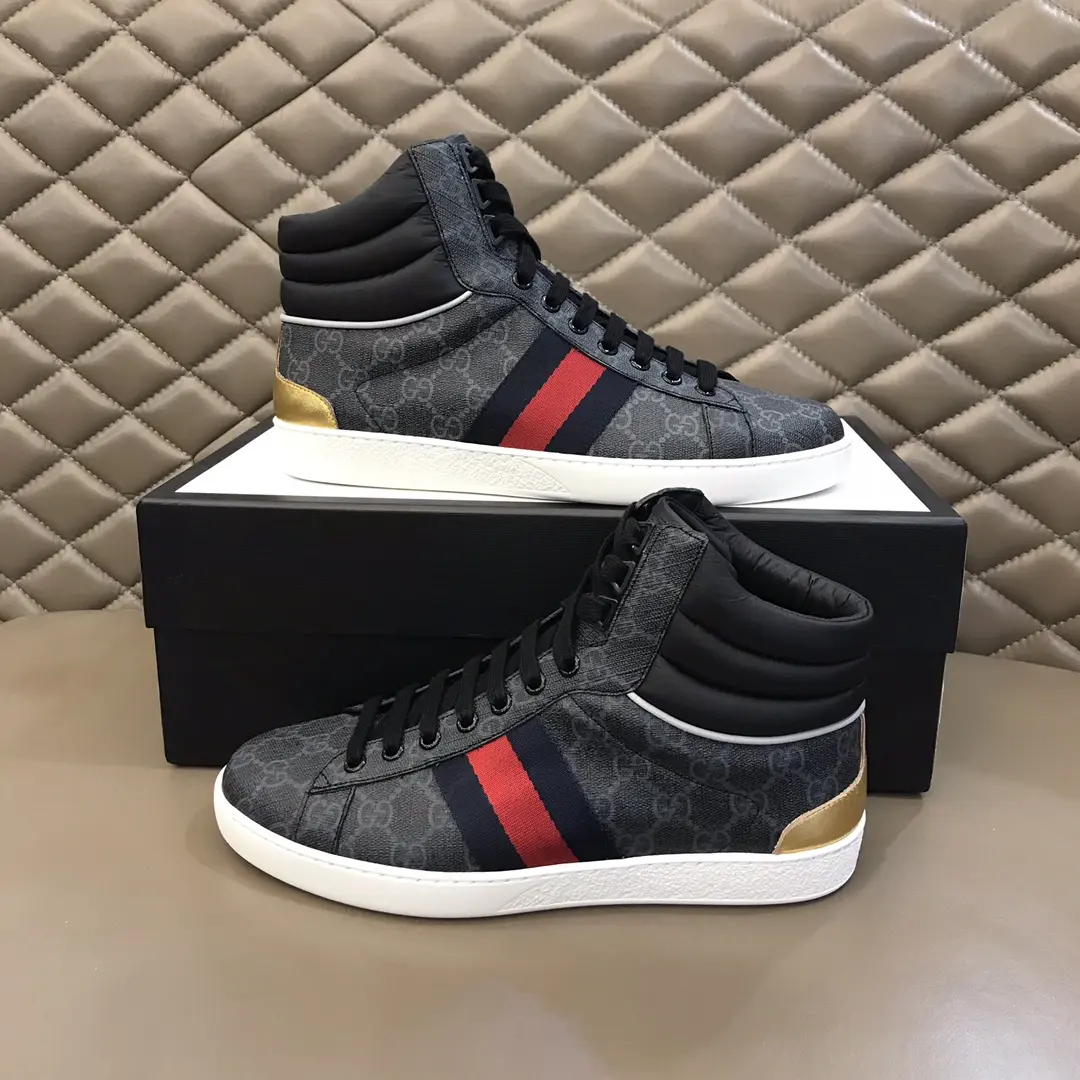 Gucci Men’s Ace High-Top Sneakers – Gray GG Supreme Canvas with Stripes, Fall Winter Collection, High Quality Replica Shoes, Gucci Replica Affordable 843