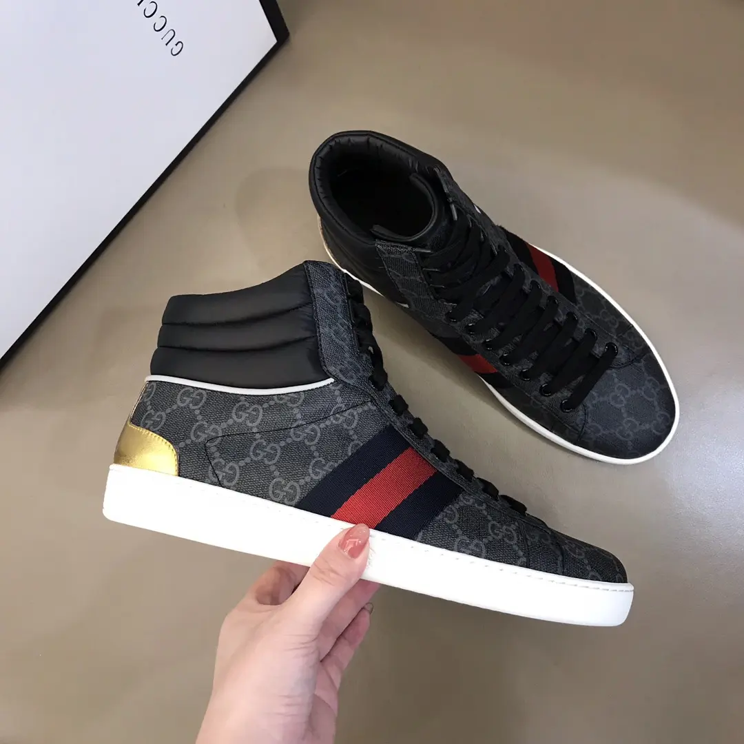 Gucci Men’s Ace High-Top Sneakers – Gray GG Supreme Canvas with Stripes, Fall Winter Collection, High Quality Replica Shoes, Gucci Replica Affordable 843