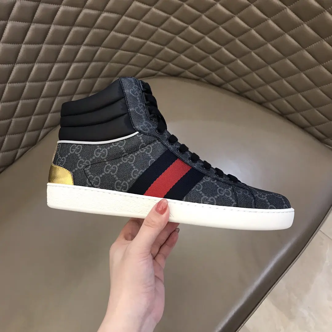 Gucci Men’s Ace High-Top Sneakers – Gray GG Supreme Canvas with Stripes, Fall Winter Collection, High Quality Replica Shoes, Gucci Replica Affordable 843