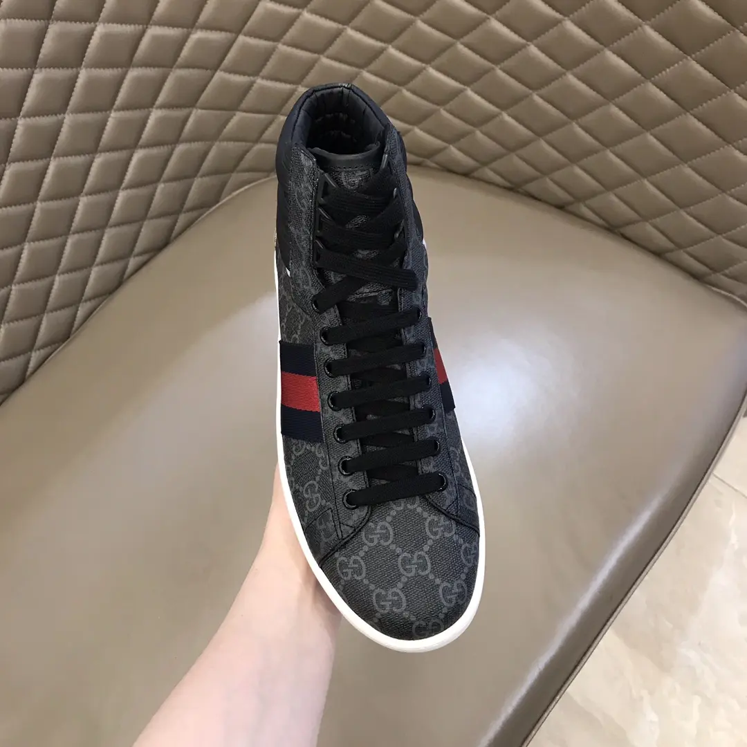 Gucci Men’s Ace High-Top Sneakers – Gray GG Supreme Canvas with Stripes, Fall Winter Collection, High Quality Replica Shoes, Gucci Replica Affordable 843