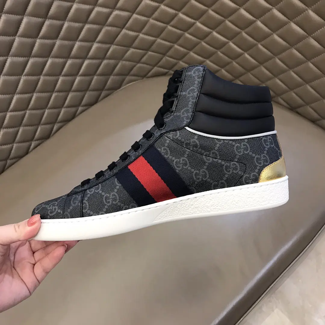 Gucci Men’s Ace High-Top Sneakers – Gray GG Supreme Canvas with Stripes, Fall Winter Collection, High Quality Replica Shoes, Gucci Replica Affordable 843