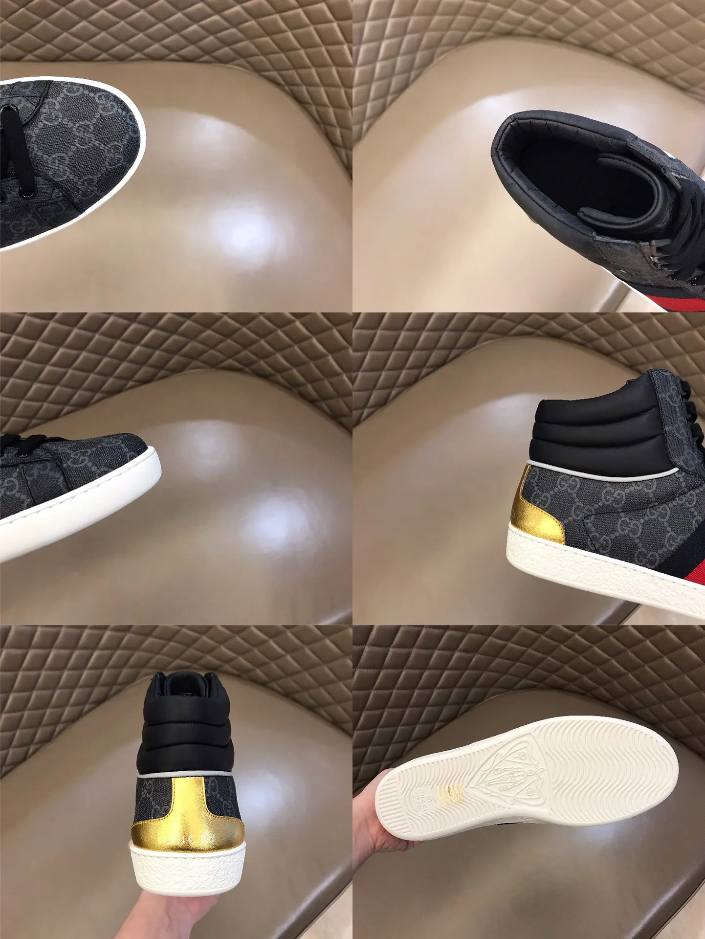 Gucci Men’s Ace High-Top Sneakers – Gray GG Supreme Canvas with Stripes, Fall Winter Collection, High Quality Replica Shoes, Gucci Replica Affordable 843