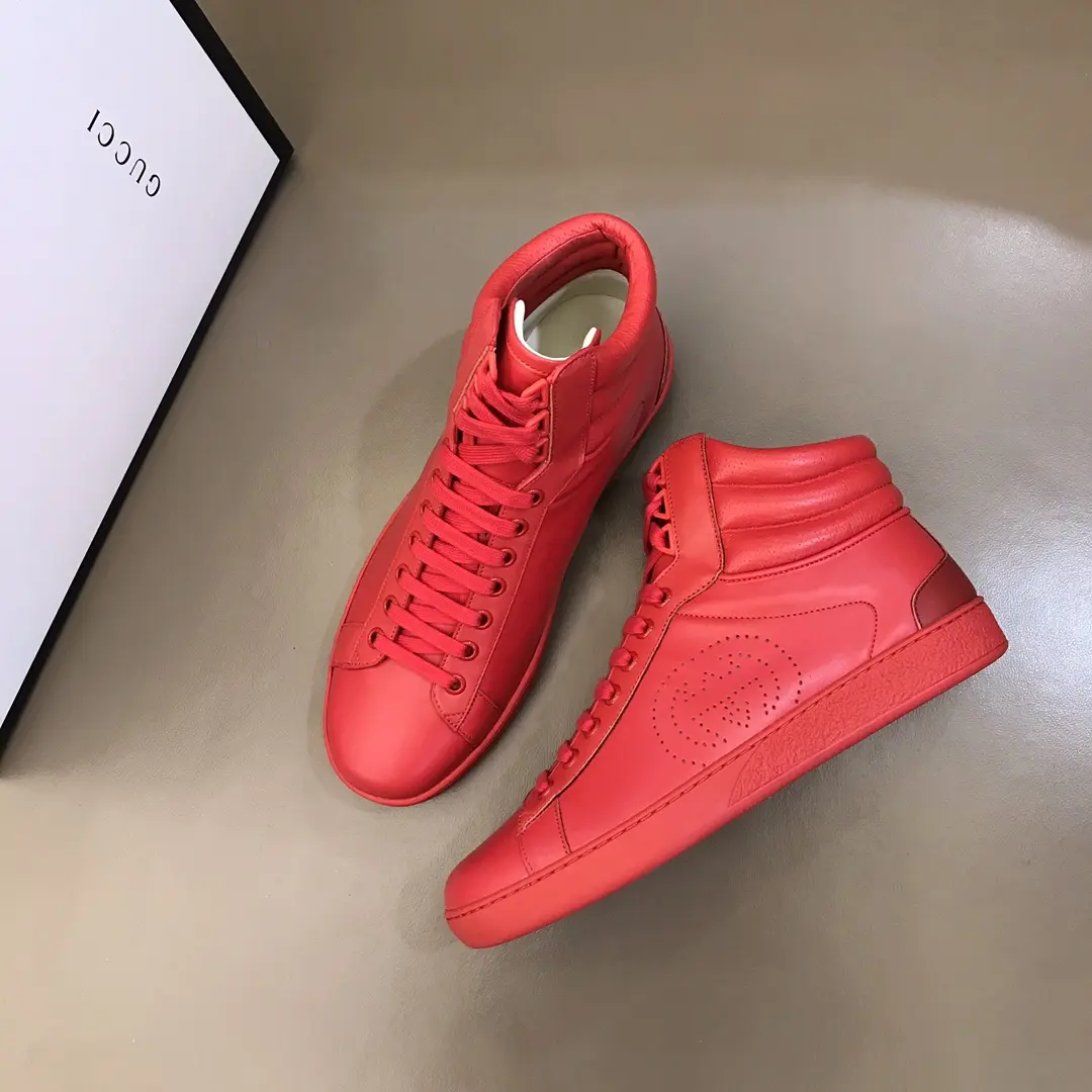 Gucci Men’s Ace High-Top Sneakers – Red Leather, Fall Winter Collection, High Quality Replica Shoes, Gucci Replica Soft 841
