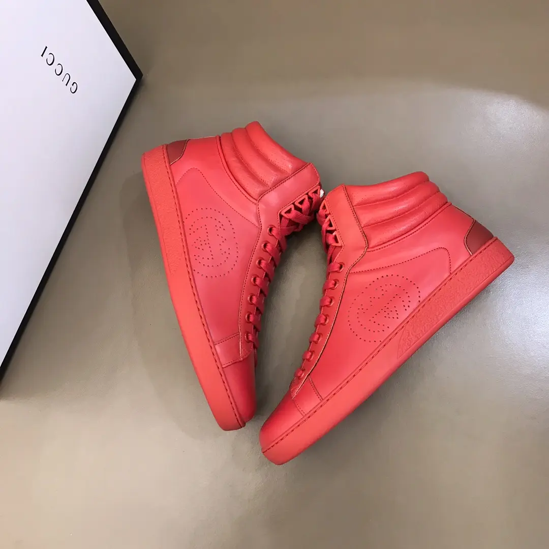 Gucci Men’s Ace High-Top Sneakers – Red Leather, Fall Winter Collection, High Quality Replica Shoes, Gucci Replica Soft 841