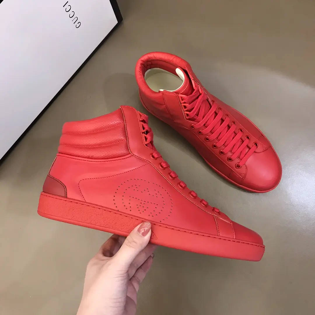 Gucci Men’s Ace High-Top Sneakers – Red Leather, Fall Winter Collection, High Quality Replica Shoes, Gucci Replica Soft 841