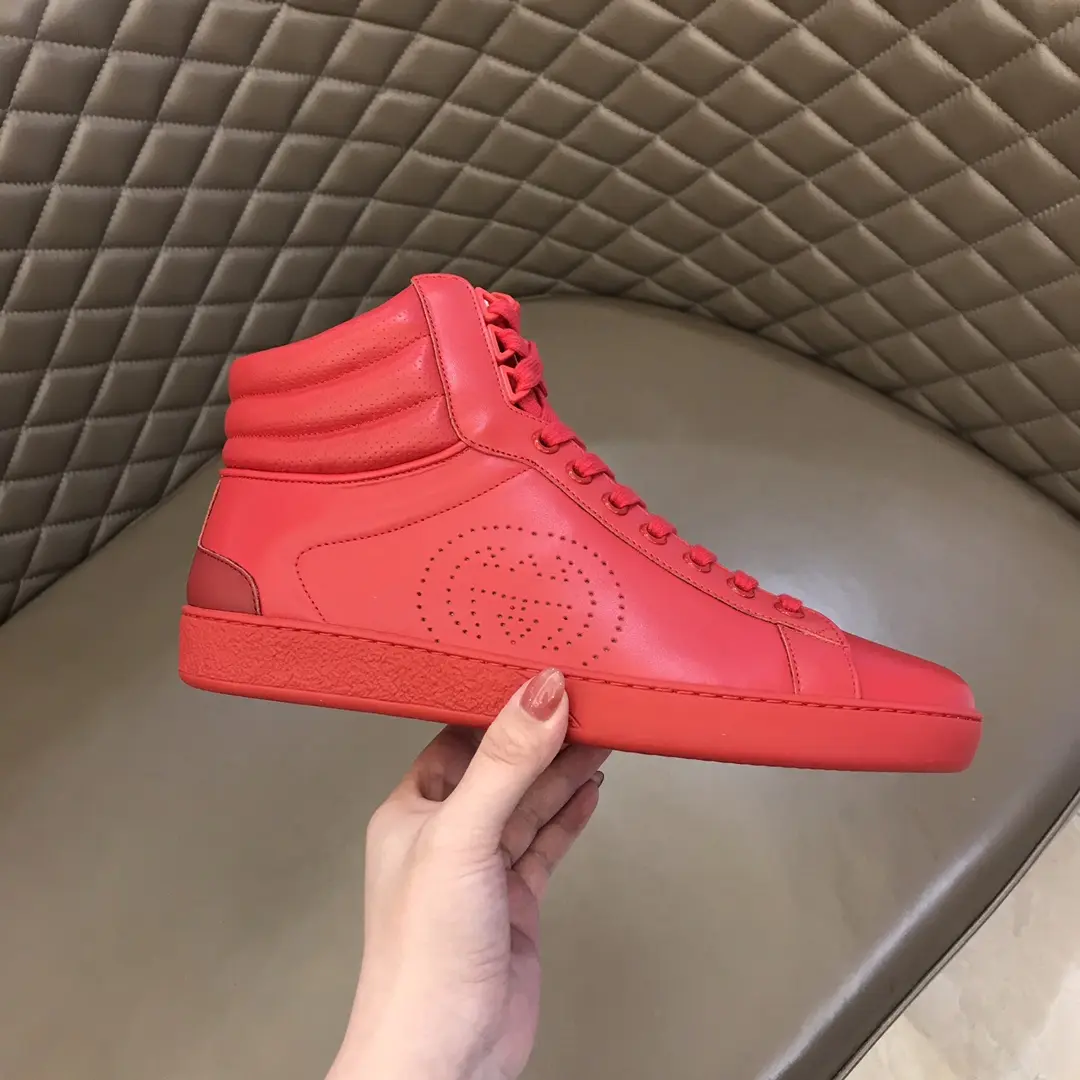 Gucci Men’s Ace High-Top Sneakers – Red Leather, Fall Winter Collection, High Quality Replica Shoes, Gucci Replica Soft 841