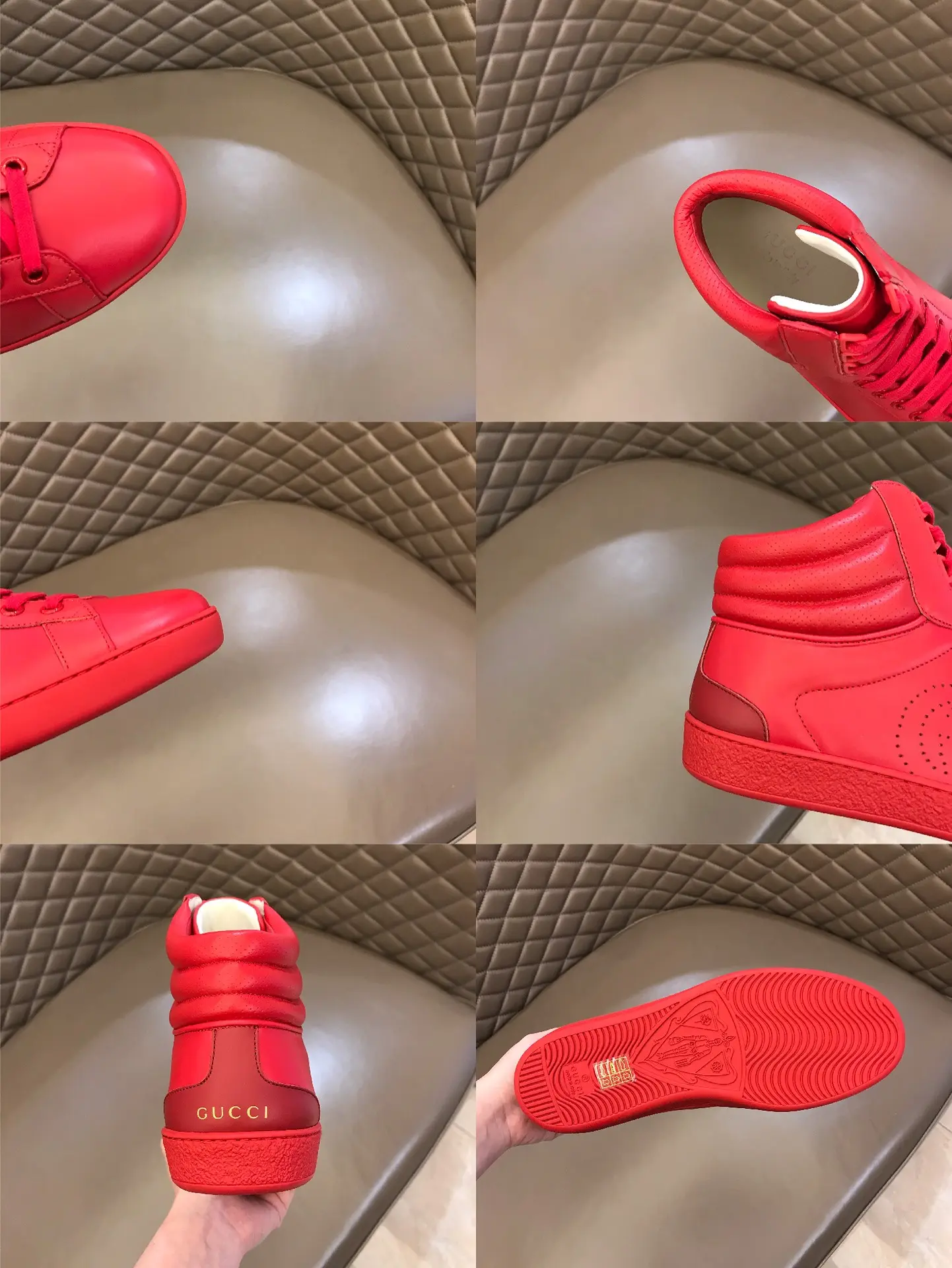 Gucci Men’s Ace High-Top Sneakers – Red Leather, Fall Winter Collection, High Quality Replica Shoes, Gucci Replica Soft 841