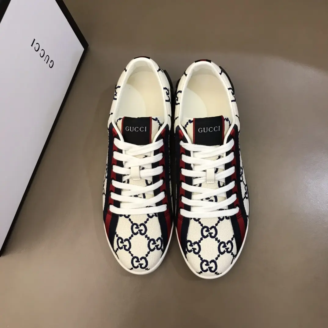 Gucci Men’s Vintage Low-Top Canvas Sneakers – White with Blue and Red Pattern, Embroidered Logo, High Quality Replica Shoes, Rep Shoes, Size 38- Thermal 850