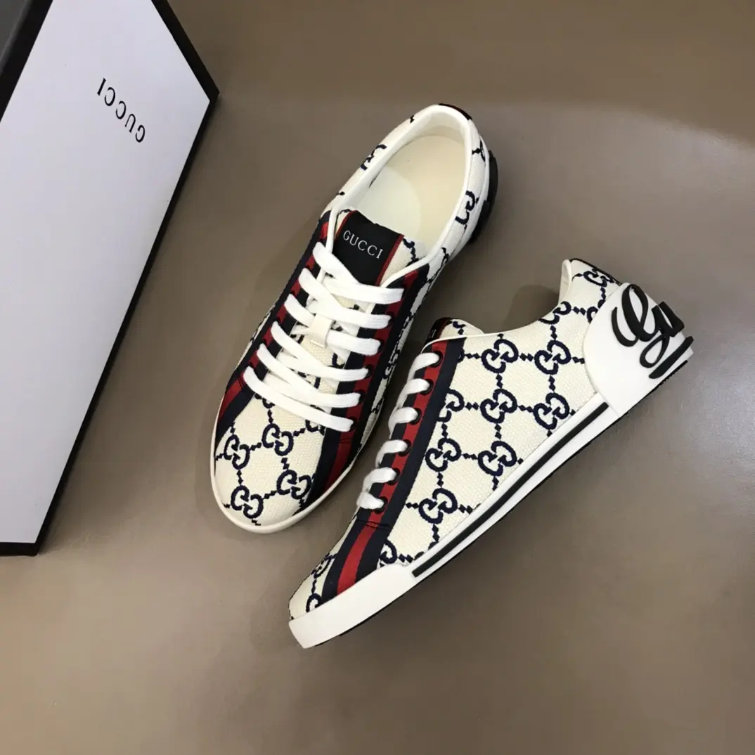 Gucci Men’s Vintage Low-Top Canvas Sneakers – White with Blue and Red Pattern, Embroidered Logo, High Quality Replica Shoes, Rep Shoes, Size 38- Thermal 850