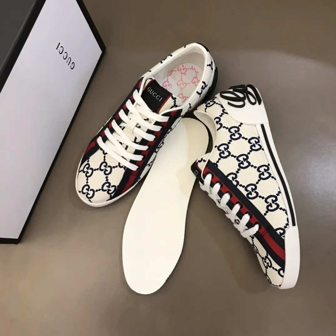 Gucci Men’s Vintage Low-Top Canvas Sneakers – White with Blue and Red Pattern, Embroidered Logo, High Quality Replica Shoes, Rep Shoes, Size 38- Thermal 850