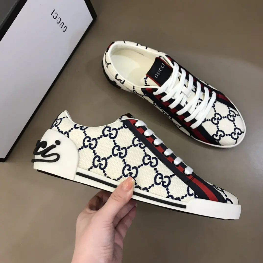 Gucci Men’s Vintage Low-Top Canvas Sneakers – White with Blue and Red Pattern, Embroidered Logo, High Quality Replica Shoes, Rep Shoes, Size 38- Thermal 850