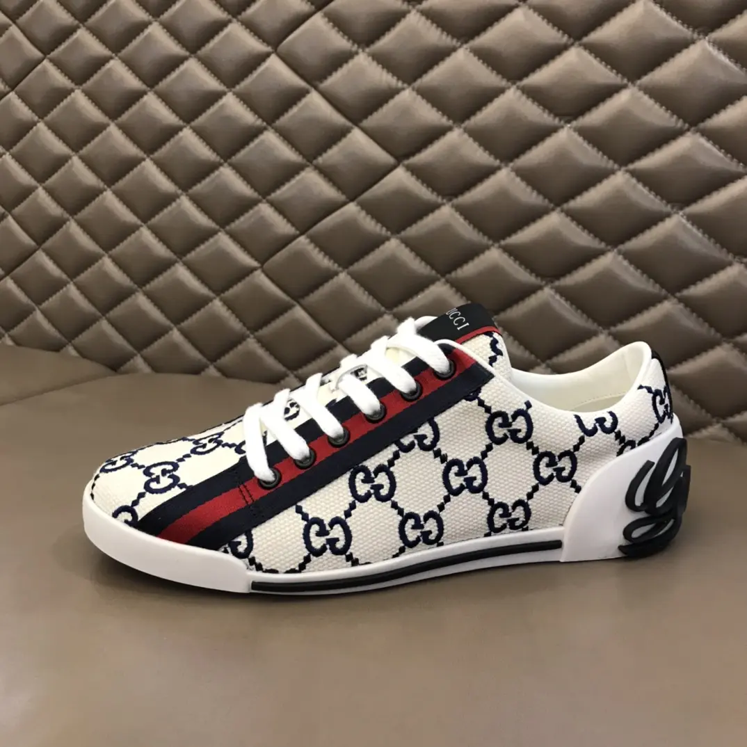 Gucci Men’s Vintage Low-Top Canvas Sneakers – White with Blue and Red Pattern, Embroidered Logo, High Quality Replica Shoes, Rep Shoes, Size 38- Thermal 850