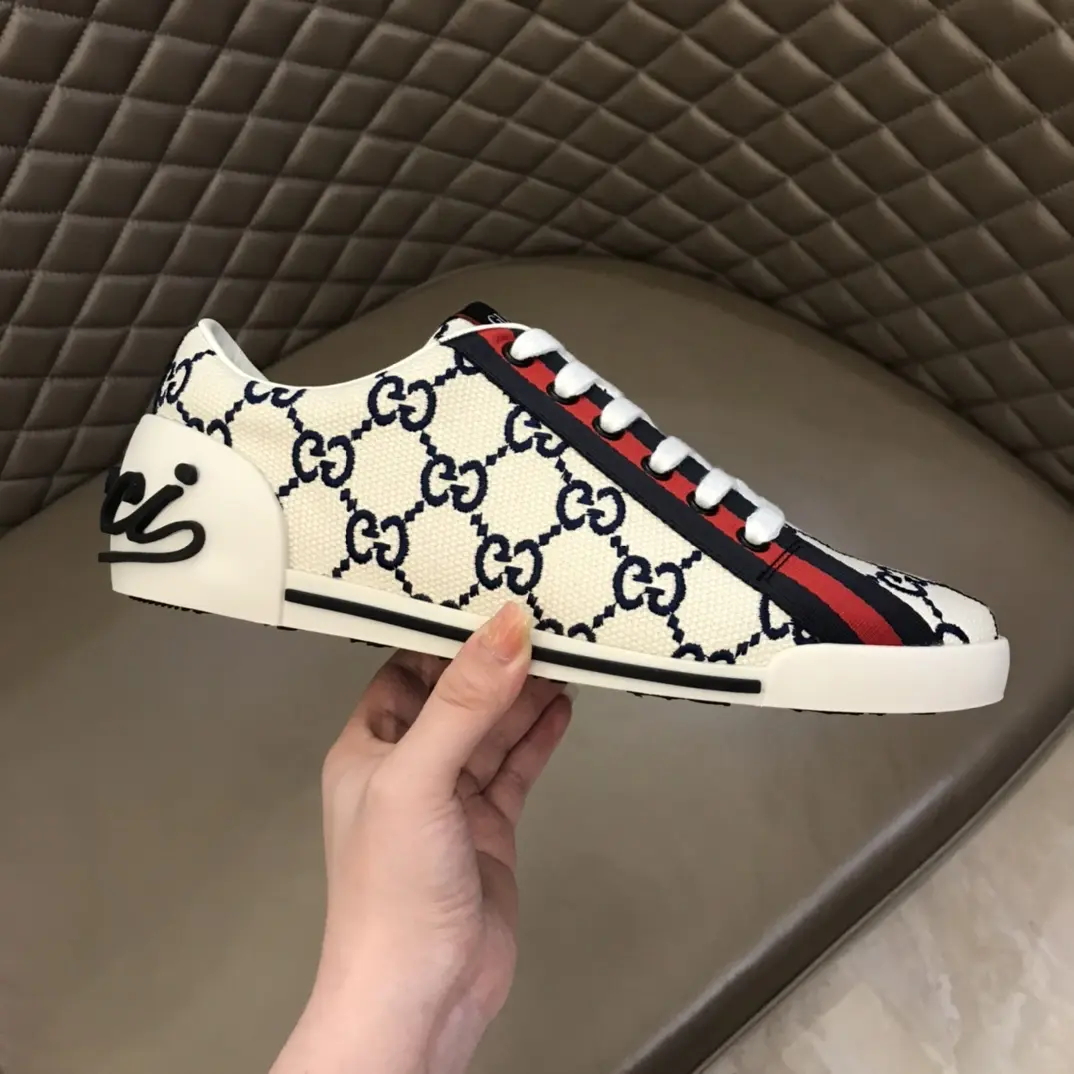 Gucci Men’s Vintage Low-Top Canvas Sneakers – White with Blue and Red Pattern, Embroidered Logo, High Quality Replica Shoes, Rep Shoes, Size 38- Thermal 850