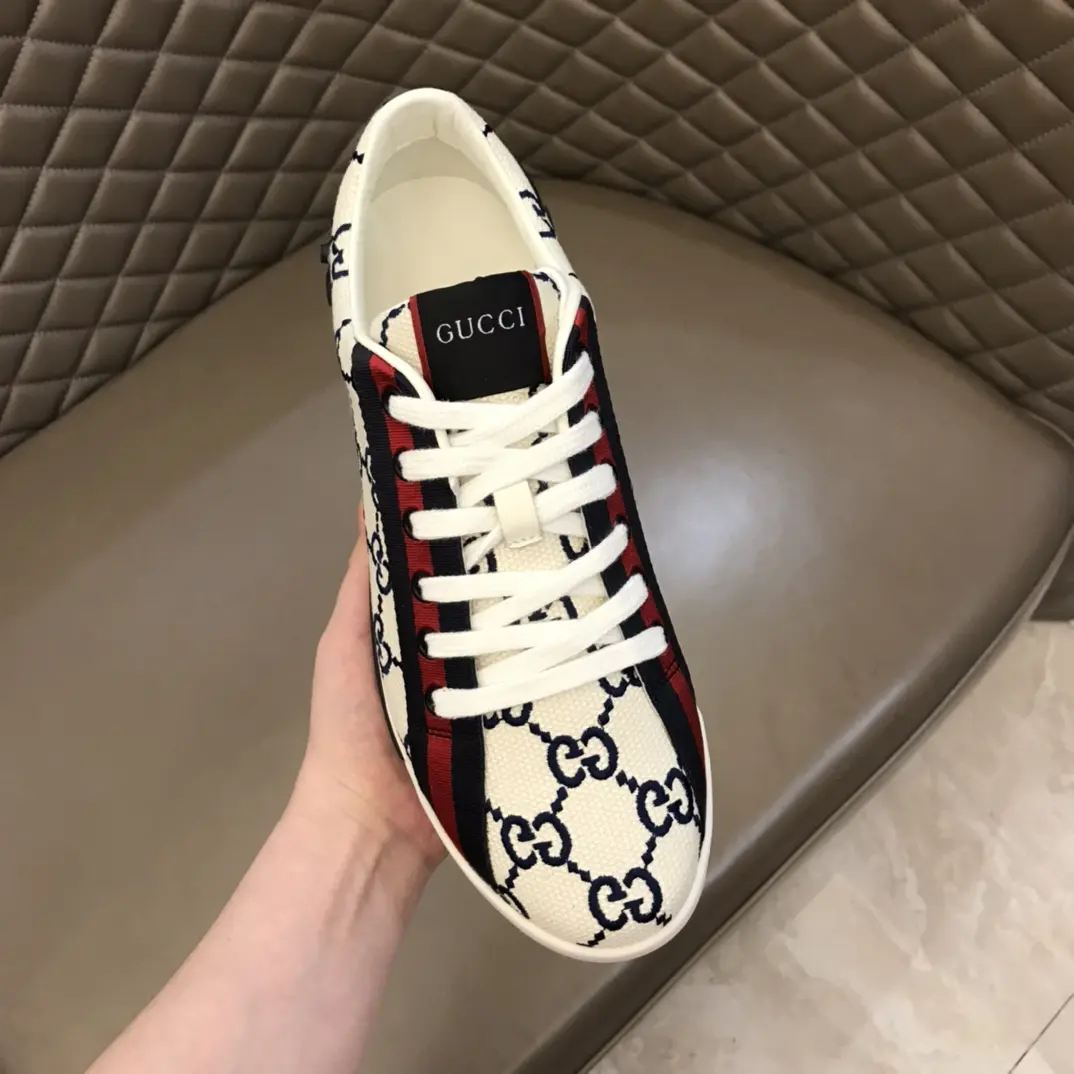 Gucci Men’s Vintage Low-Top Canvas Sneakers – White with Blue and Red Pattern, Embroidered Logo, High Quality Replica Shoes, Rep Shoes, Size 38- Thermal 850