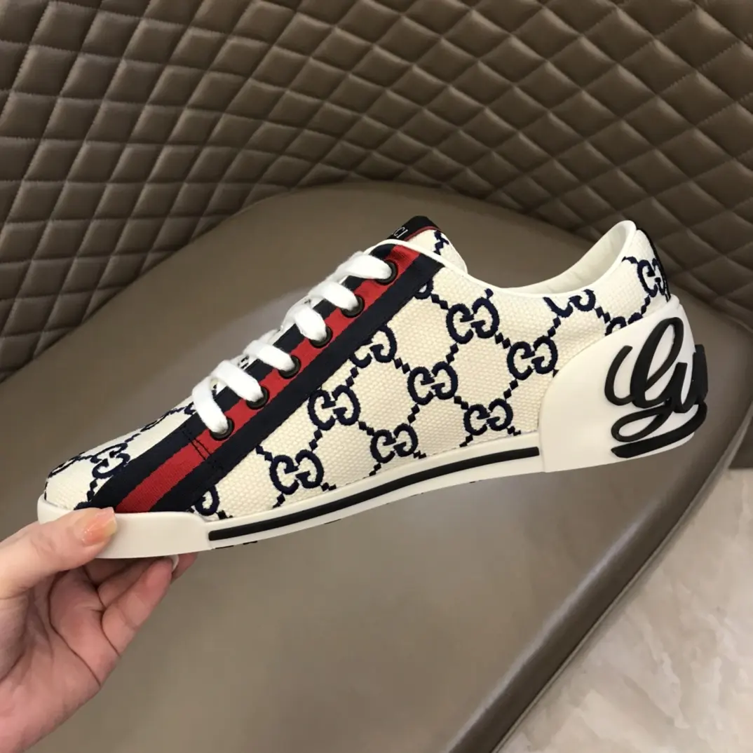 Gucci Men’s Vintage Low-Top Canvas Sneakers – White with Blue and Red Pattern, Embroidered Logo, High Quality Replica Shoes, Rep Shoes, Size 38- Thermal 850