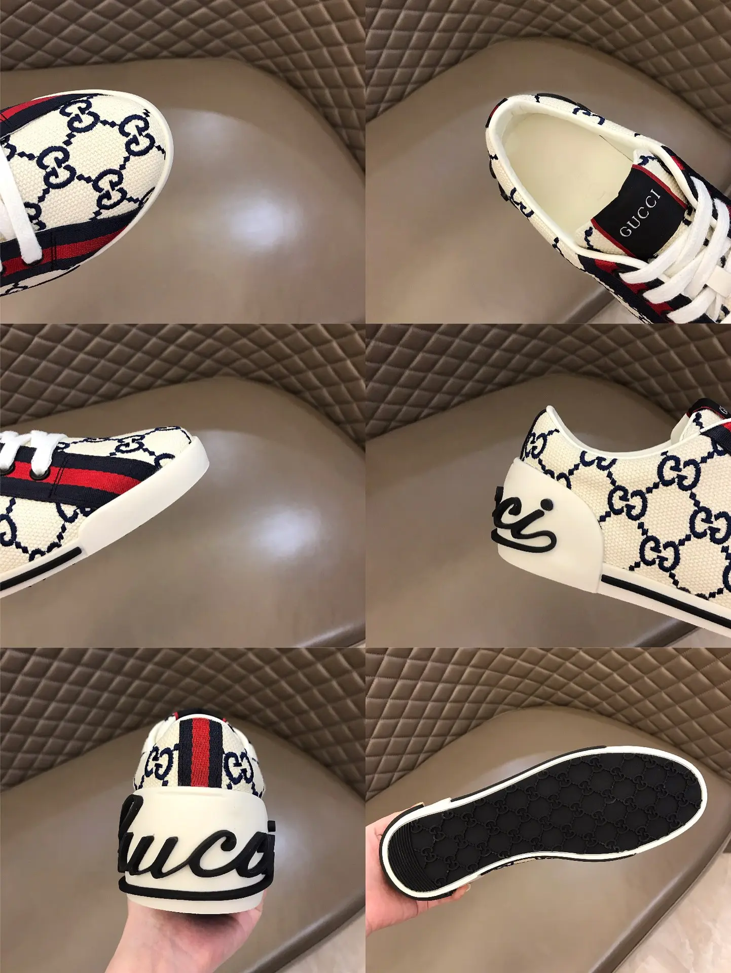 Gucci Men’s Vintage Low-Top Canvas Sneakers – White with Blue and Red Pattern, Embroidered Logo, High Quality Replica Shoes, Rep Shoes, Size 38- Thermal 850