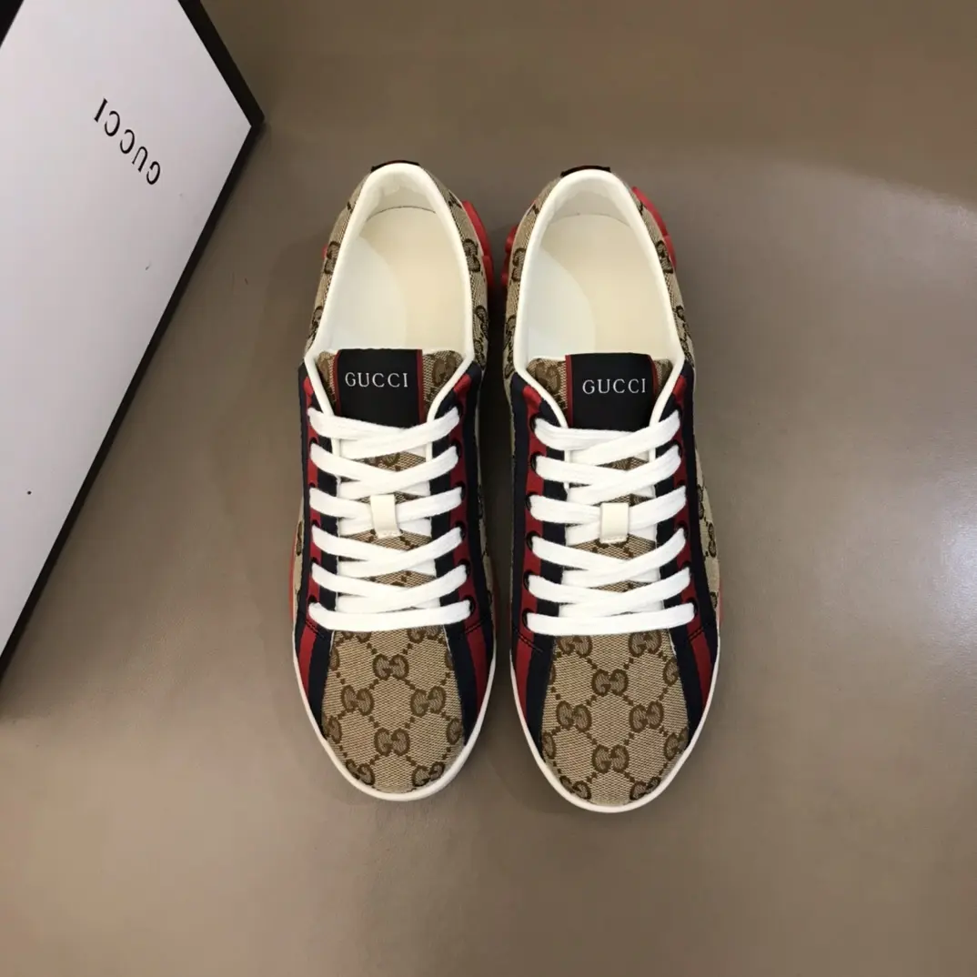 Gucci Men’s Vintage Low-Top  Shoes – Beige with Red and Blue Accents, Premium Replica Shoes, Canvas and Leather, Size 38- Soft 854