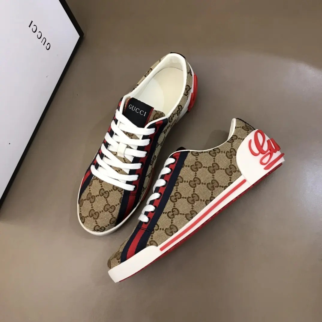Gucci Men’s Vintage Low-Top  Shoes – Beige with Red and Blue Accents, Premium Replica Shoes, Canvas and Leather, Size 38- Soft 854