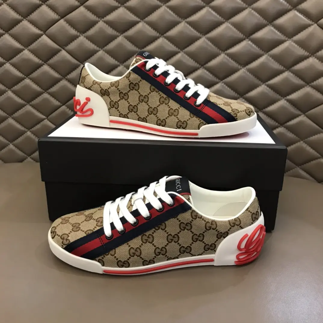 Gucci Men’s Vintage Low-Top  Shoes – Beige with Red and Blue Accents, Premium Replica Shoes, Canvas and Leather, Size 38- Soft 854