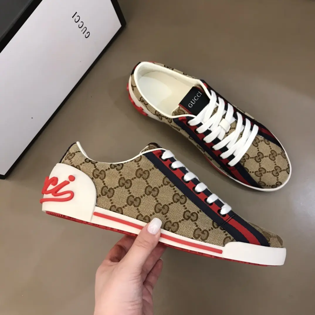 Gucci Men’s Vintage Low-Top  Shoes – Beige with Red and Blue Accents, Premium Replica Shoes, Canvas and Leather, Size 38- Soft 854