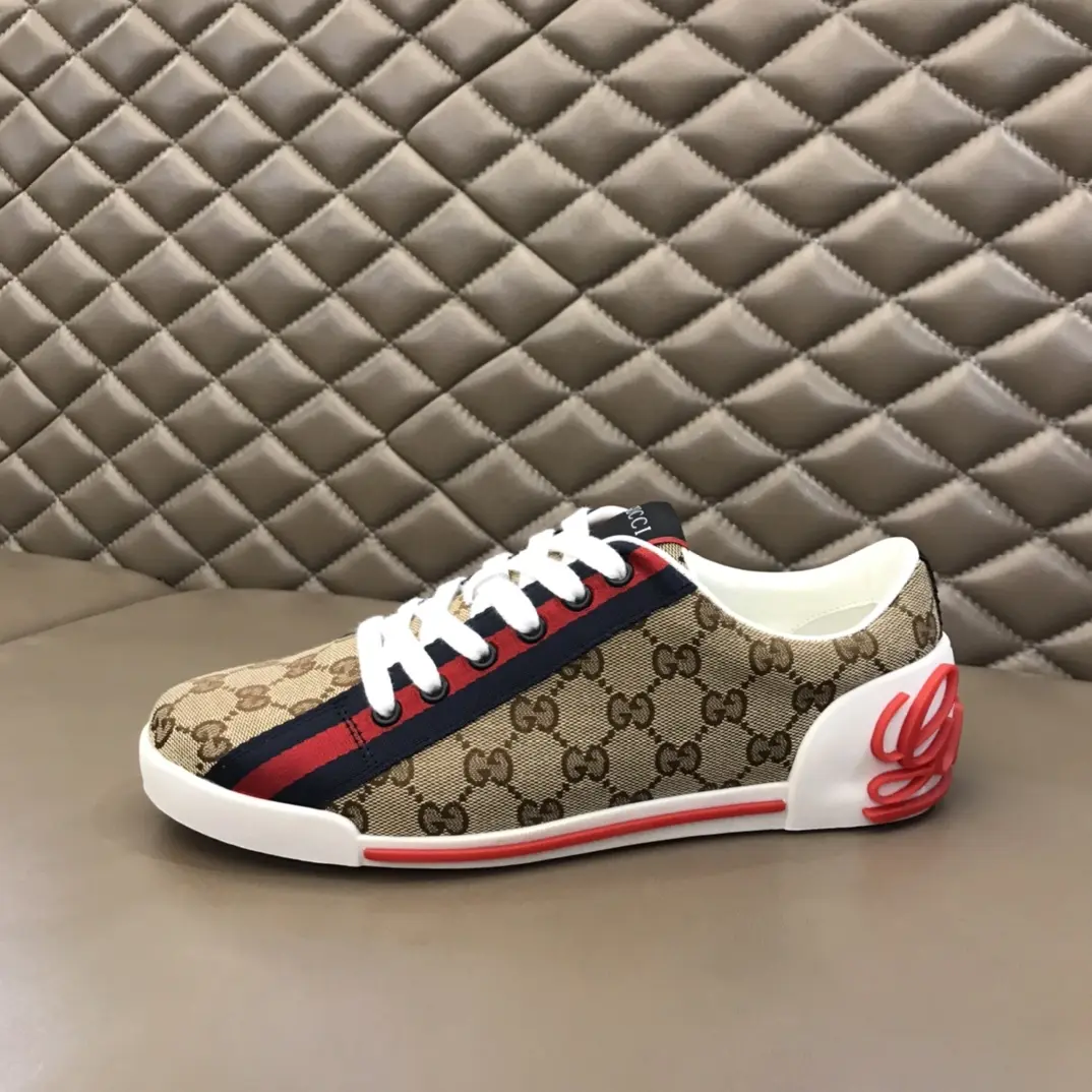 Gucci Men’s Vintage Low-Top  Shoes – Beige with Red and Blue Accents, Premium Replica Shoes, Canvas and Leather, Size 38- Soft 854