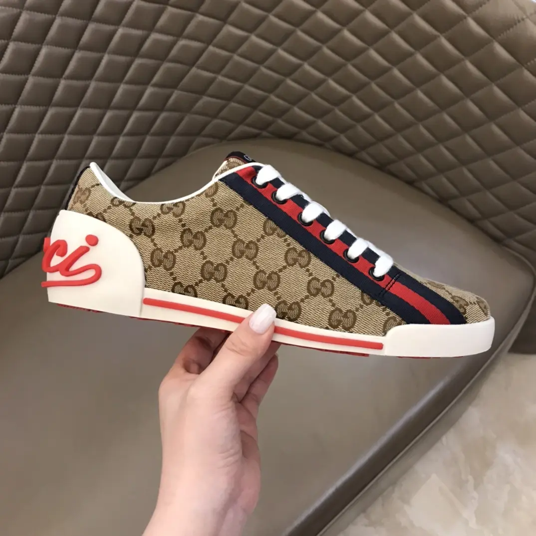 Gucci Men’s Vintage Low-Top  Shoes – Beige with Red and Blue Accents, Premium Replica Shoes, Canvas and Leather, Size 38- Soft 854