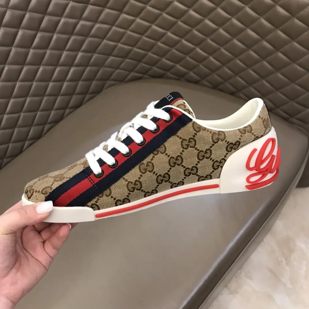 Gucci Men’s Vintage Low-Top  Shoes – Beige with Red and Blue Accents, Premium Replica Shoes, Canvas and Leather, Size 38- Soft 854
