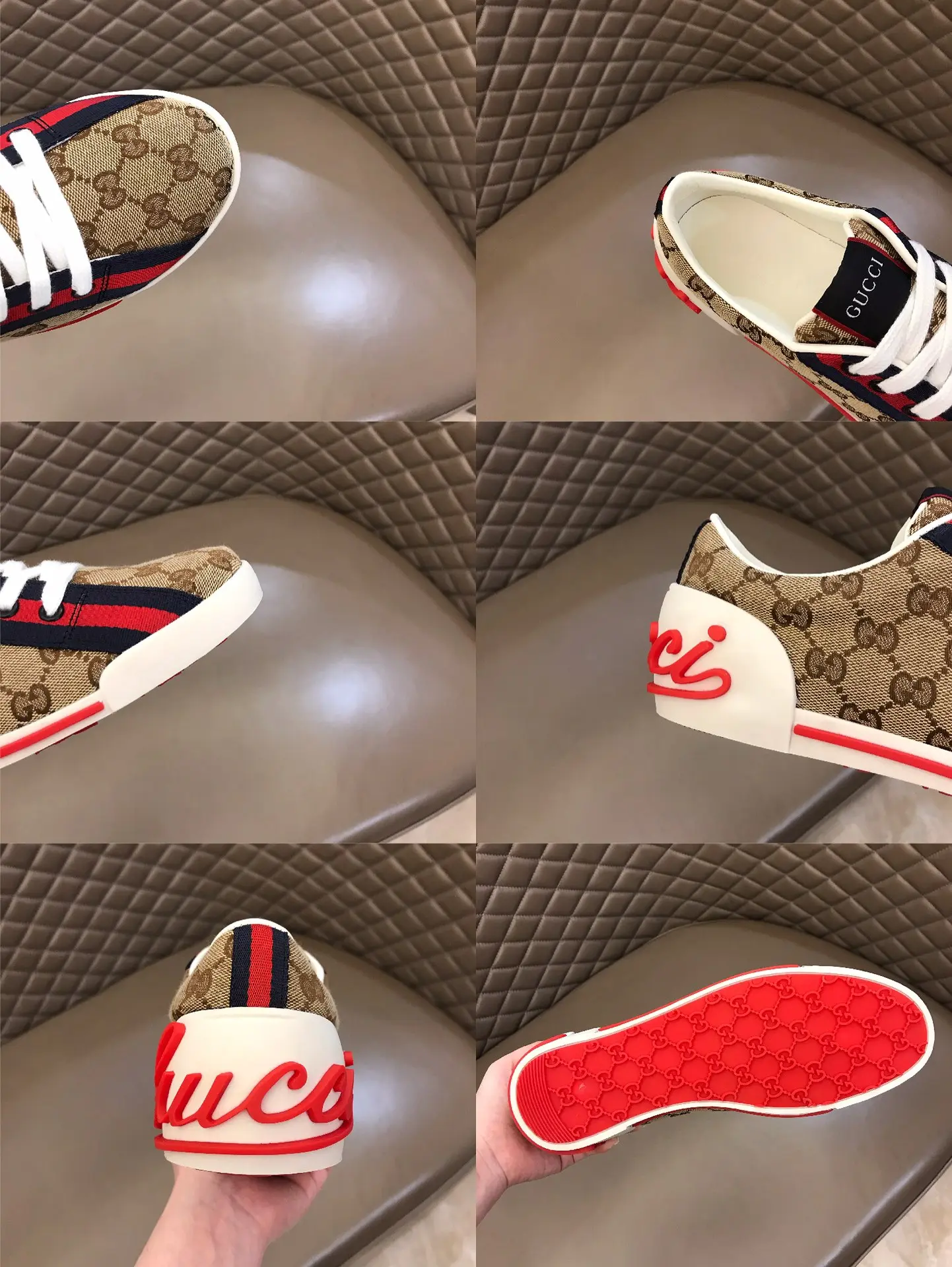 Gucci Men’s Vintage Low-Top  Shoes – Beige with Red and Blue Accents, Premium Replica Shoes, Canvas and Leather, Size 38- Soft 854