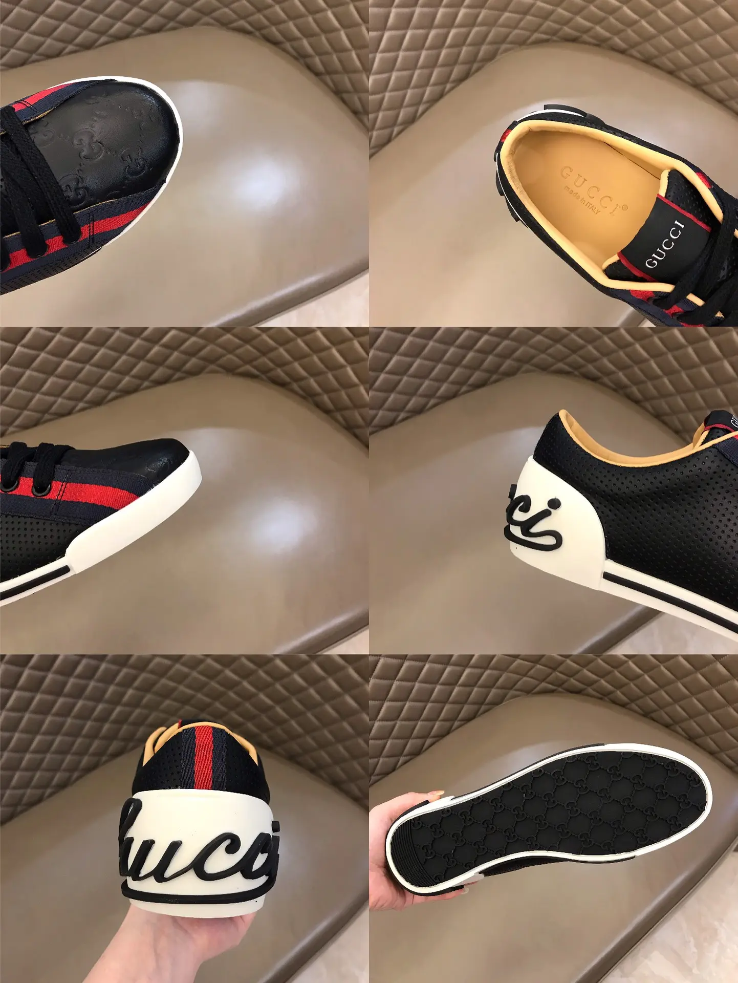 QuickDry Gucci Men’s Vintage Low-Top  Shoes – Black with Red and Gold Accents, Premium Gucci Replica, Size 38- 852