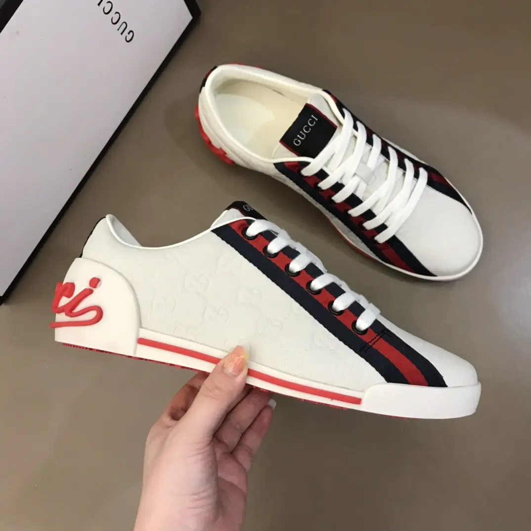 Gucci Men’s Vintage Low-Top  Shoes – White with Red and Blue Stripes, Premium Gucci Replica, High Quality Rep Shoes Effortless 866
