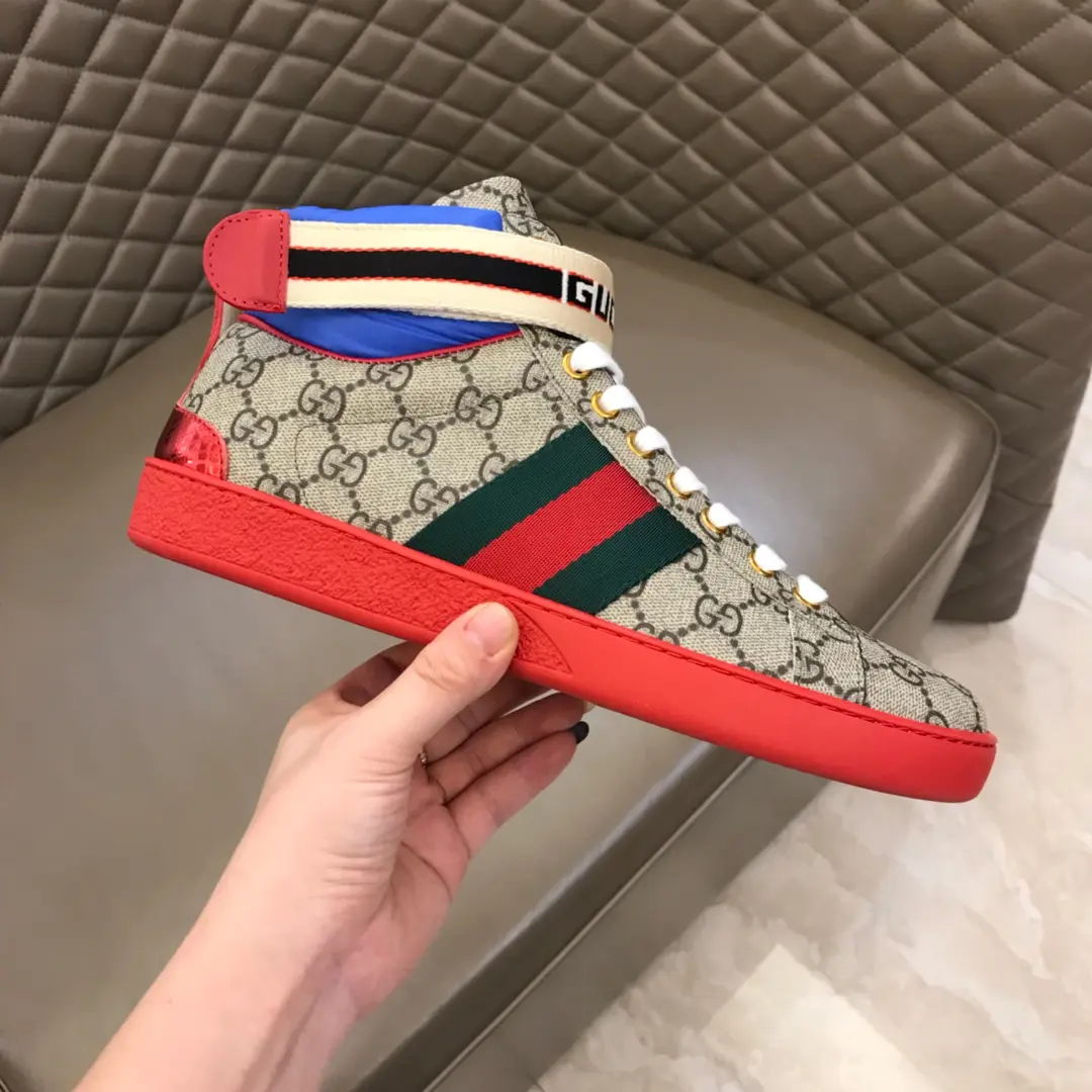 Gucci New Ace High-Top Sneakers, Beige Red –  Gucci Replica with High Quality Craftsmanship and Authentic Detailing UrbanChic 827