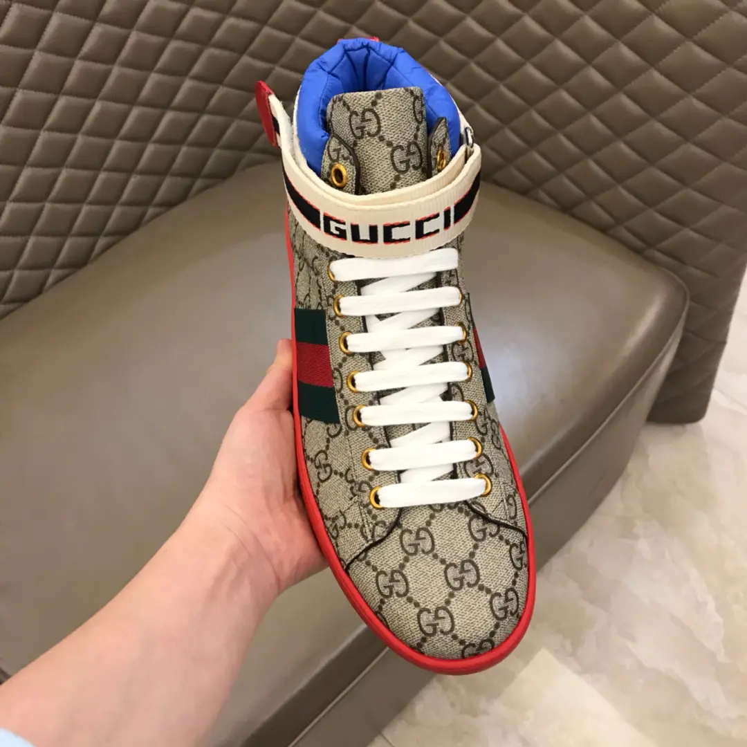 Gucci New Ace High-Top Sneakers, Beige Red –  Gucci Replica with High Quality Craftsmanship and Authentic Detailing UrbanChic 827