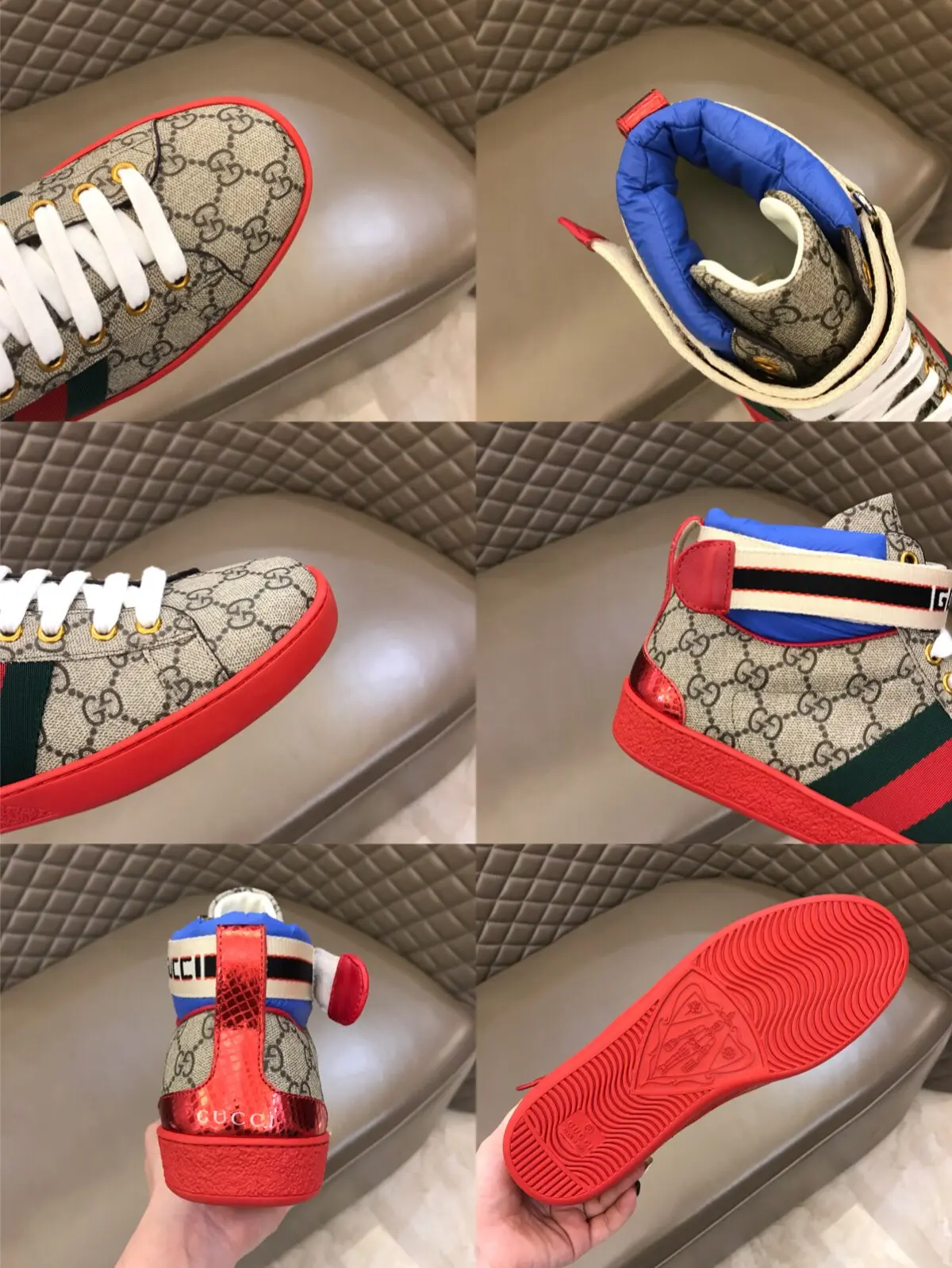 Gucci New Ace High-Top Sneakers, Beige Red –  Gucci Replica with High Quality Craftsmanship and Authentic Detailing UrbanChic 827