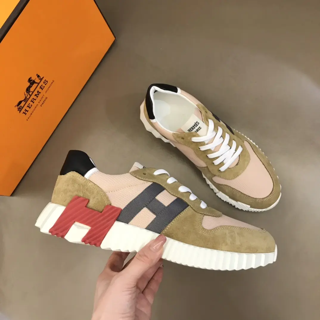 Unique Hermès Crew Sneakers – Beige & Pink Rep Shoes with Replica Hermes Style 76