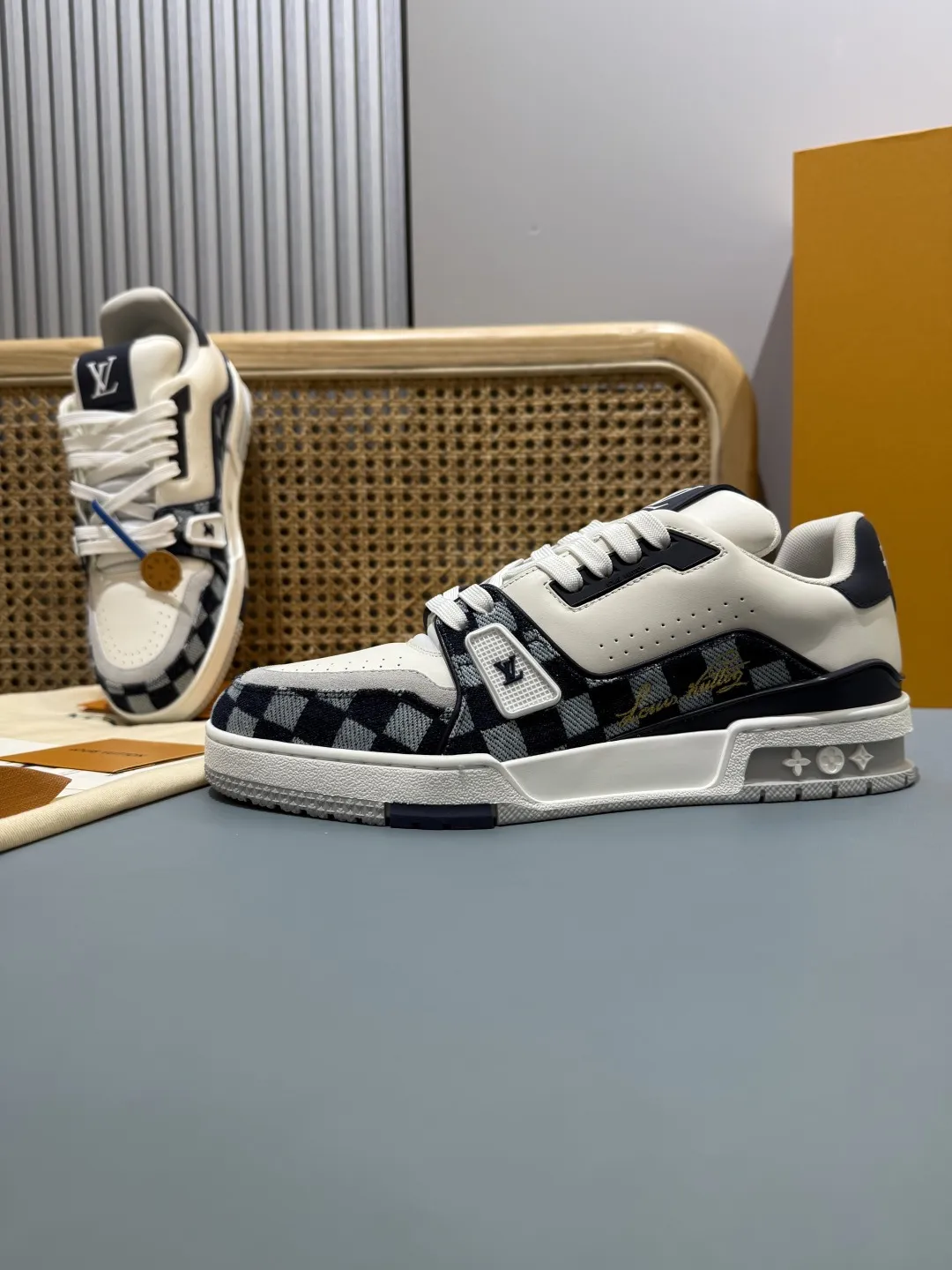 Louis Vuitton Trainer Check Blue Replica  Shoes – Premium Rep Shoes Trendy 391