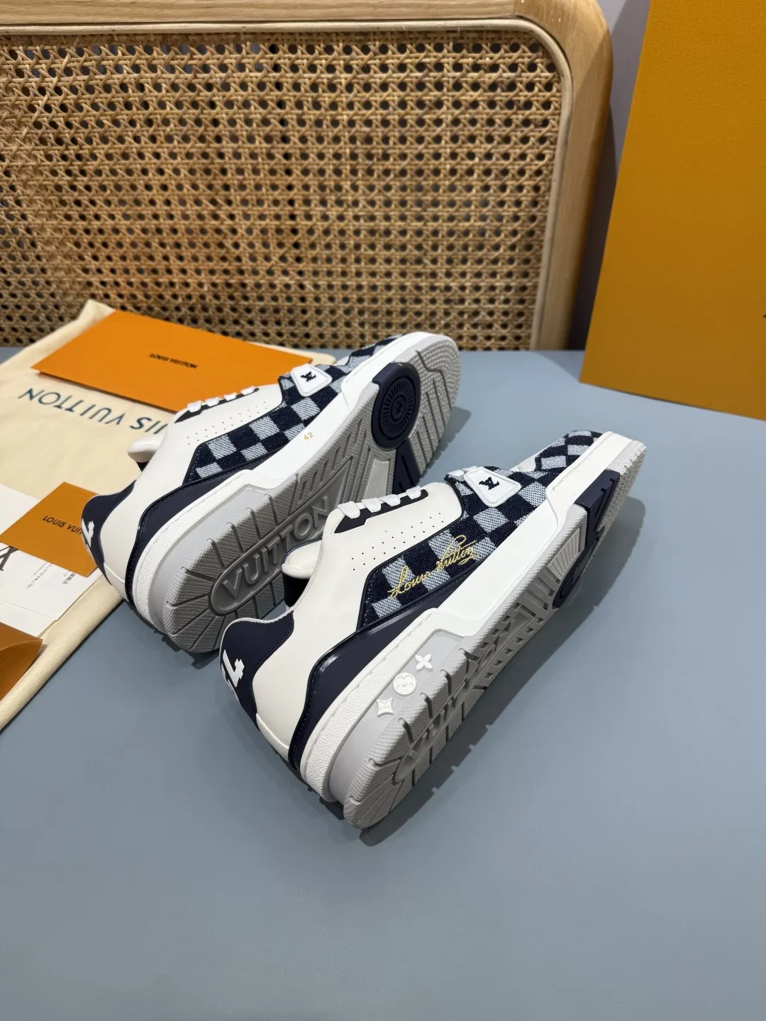 Louis Vuitton Trainer Check Blue Replica  Shoes – Premium Rep Shoes Trendy 391