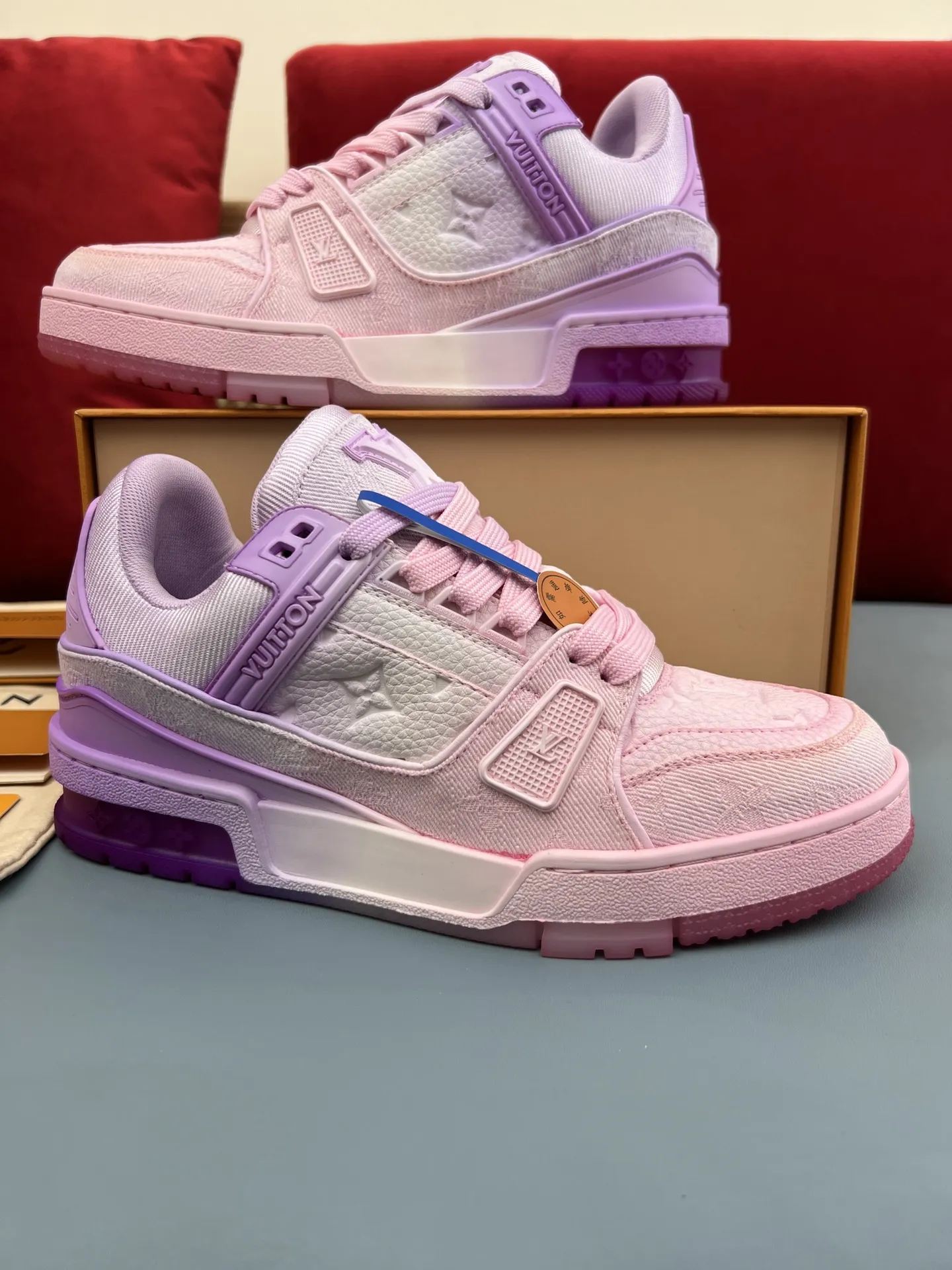 Louis Vuitton Trainer Monogram Denim Pink Replica Sneakers – Rep Shoes Unisex 304